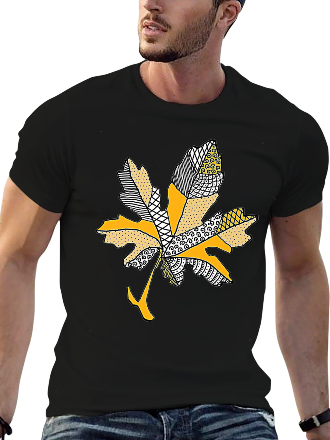 Leaf Design Tee - Stylish Mens Black T-Shirt