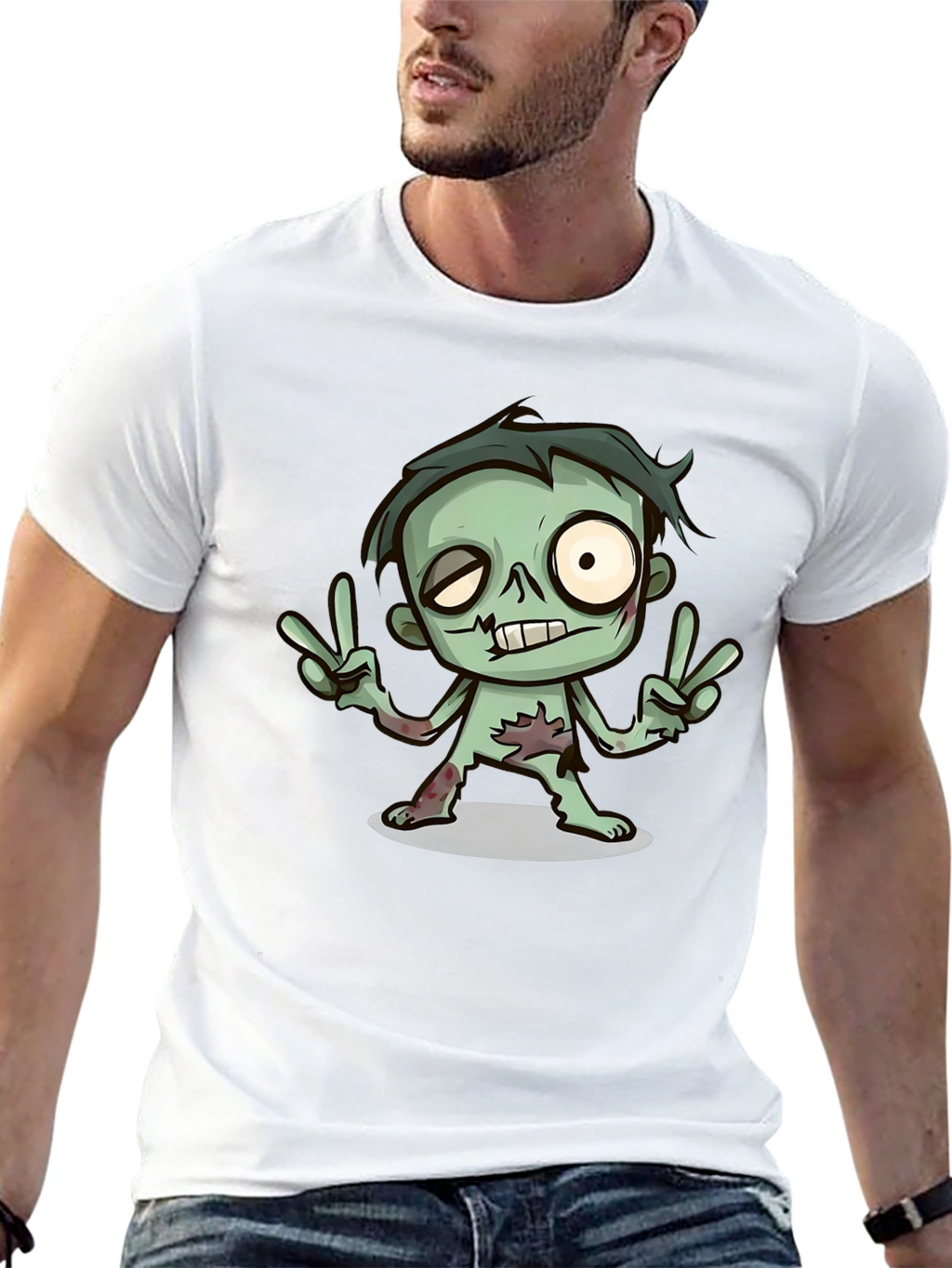 Cartoon Zombie Graphic T-Shirt - Peace Sign