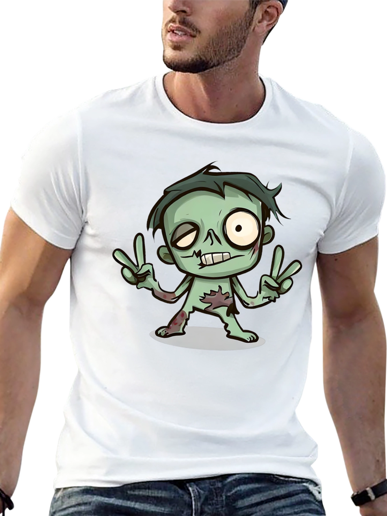 Cartoon Zombie Graphic T-Shirt - Peace Sign