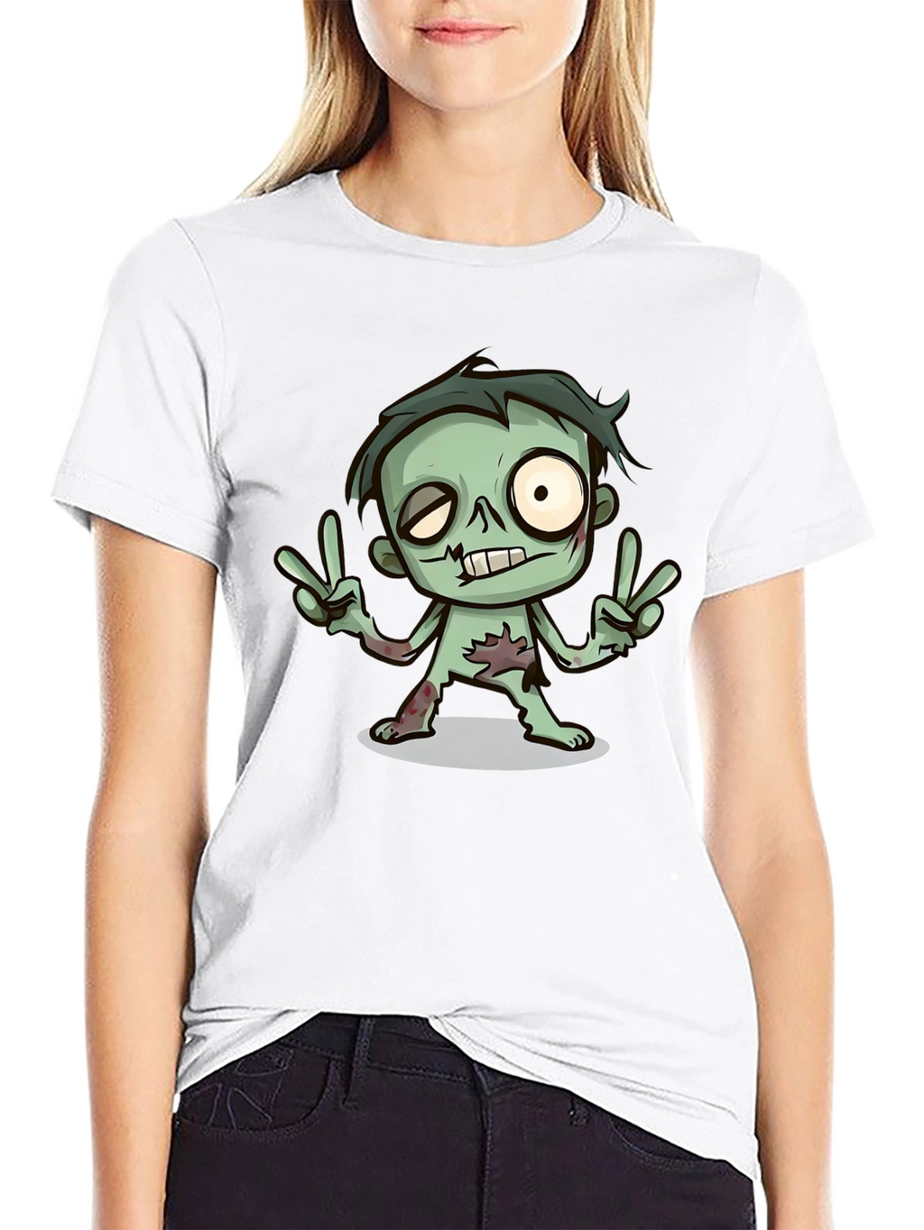 Cartoon Zombie Graphic T-Shirt - Peace Sign