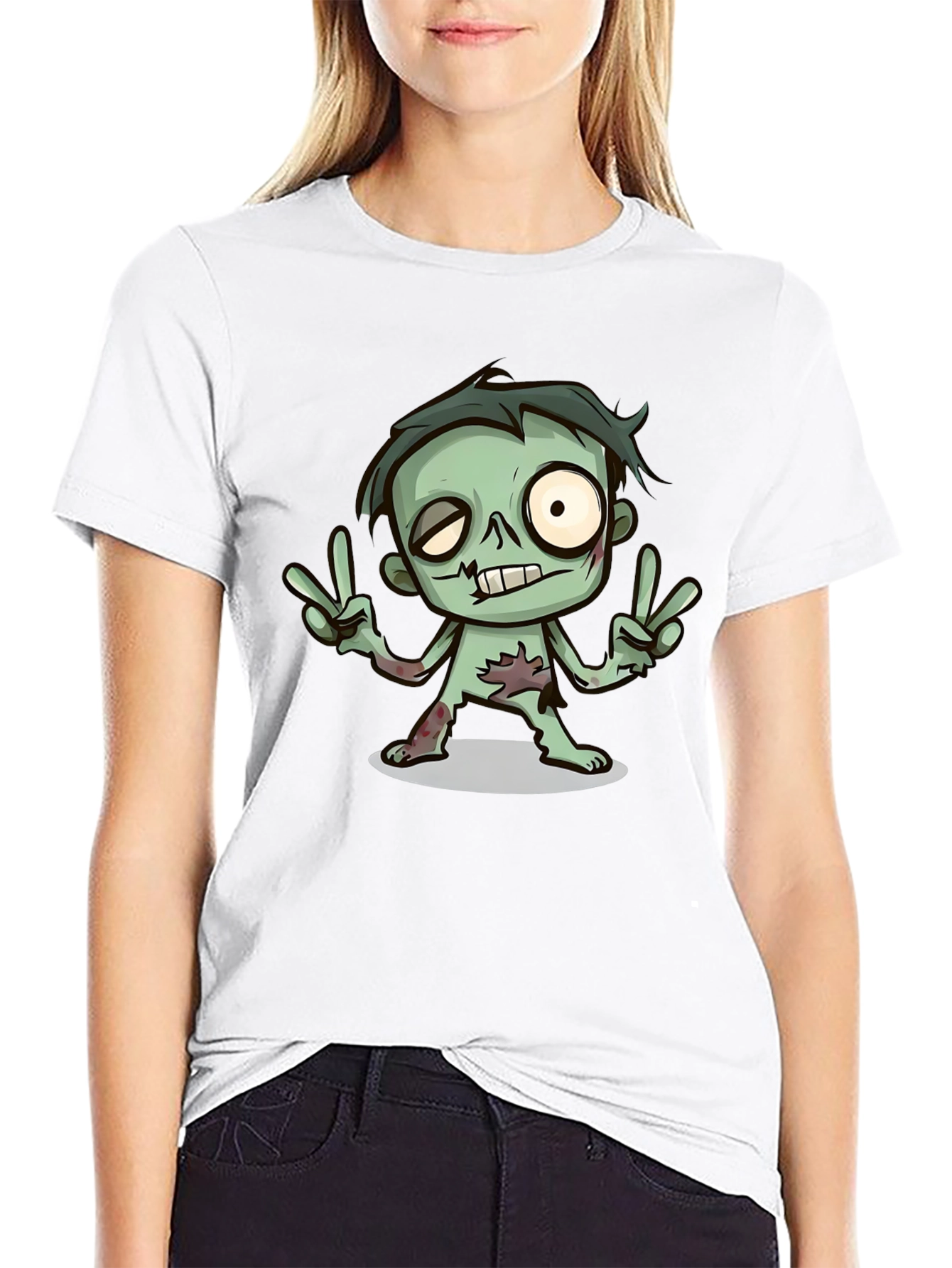 Cartoon Zombie Graphic T-Shirt - Peace Sign