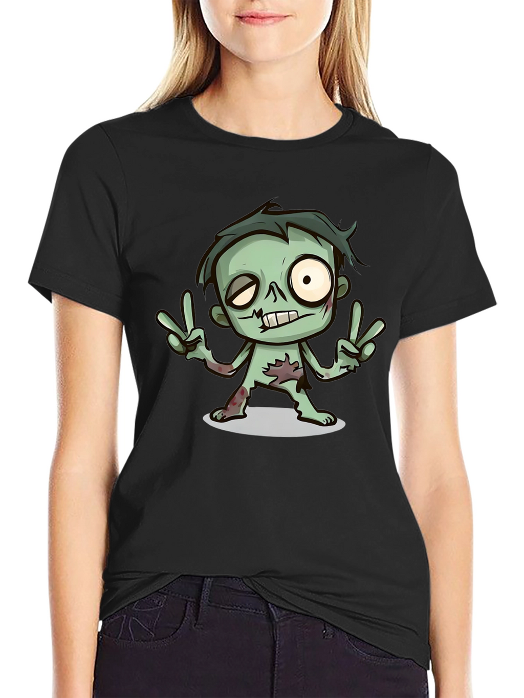 Cartoon Zombie Graphic T-Shirt - Peace Sign