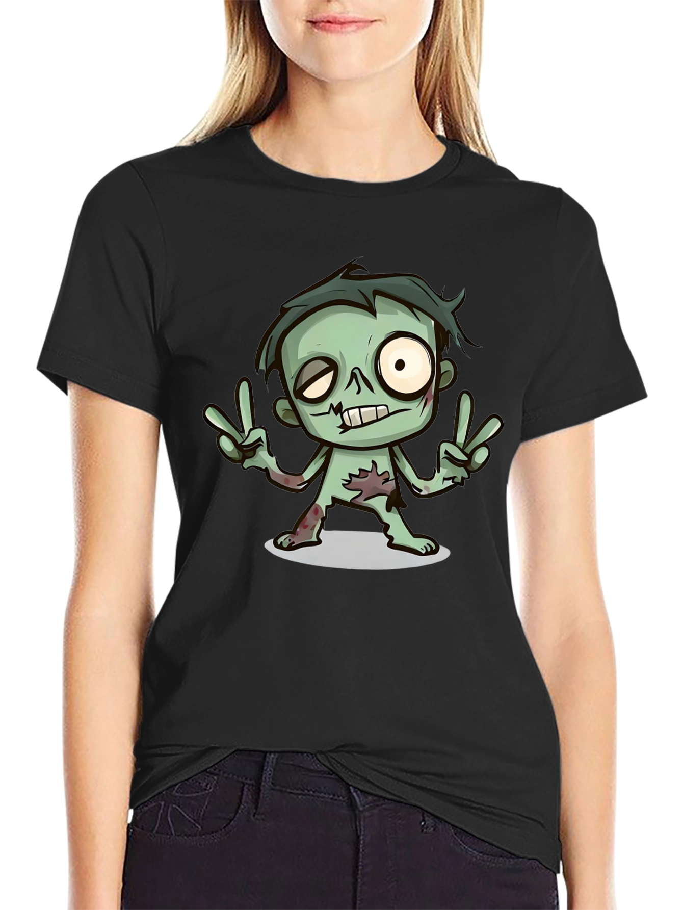 Cartoon Zombie Graphic T-Shirt - Peace Sign