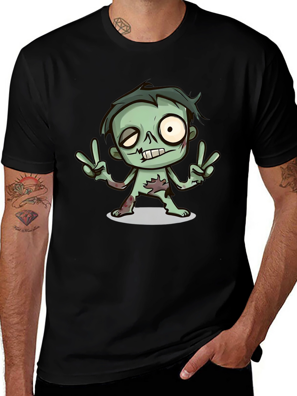 Cartoon Zombie Graphic T-Shirt - Peace Sign