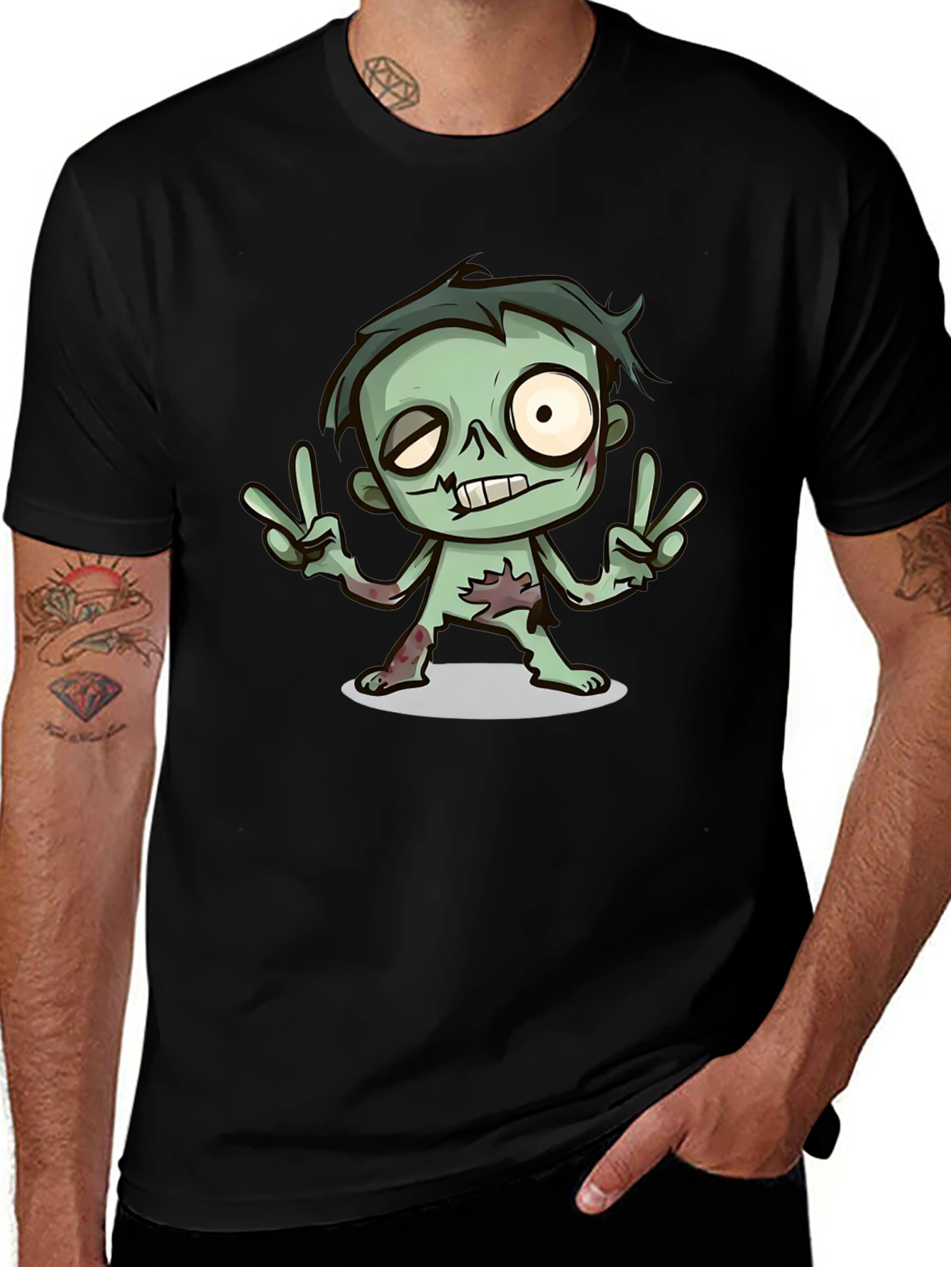 Cartoon Zombie Graphic T-Shirt - Peace Sign