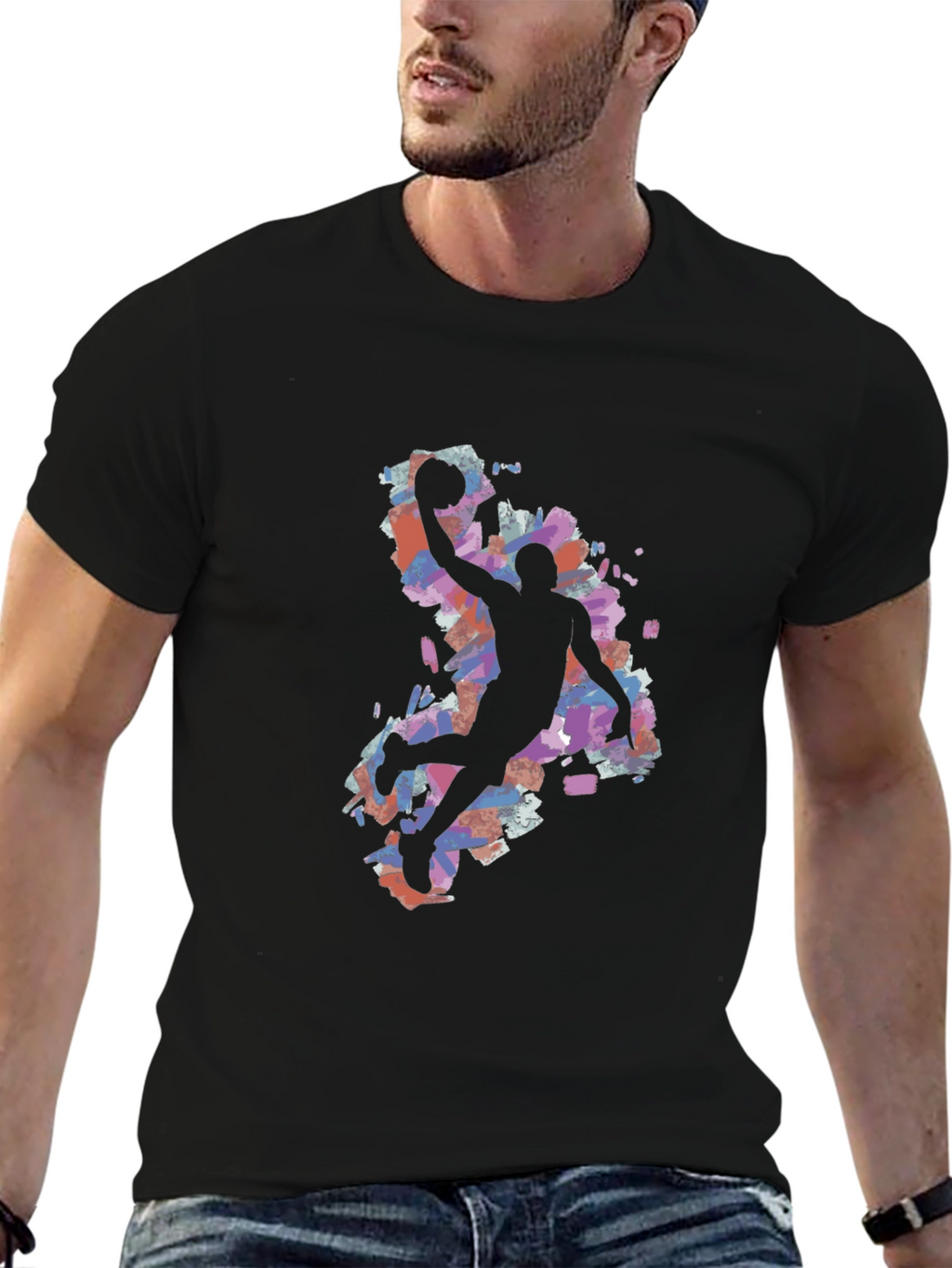 Basketball Silhouette Graphic Tee - Black Cotton Blend