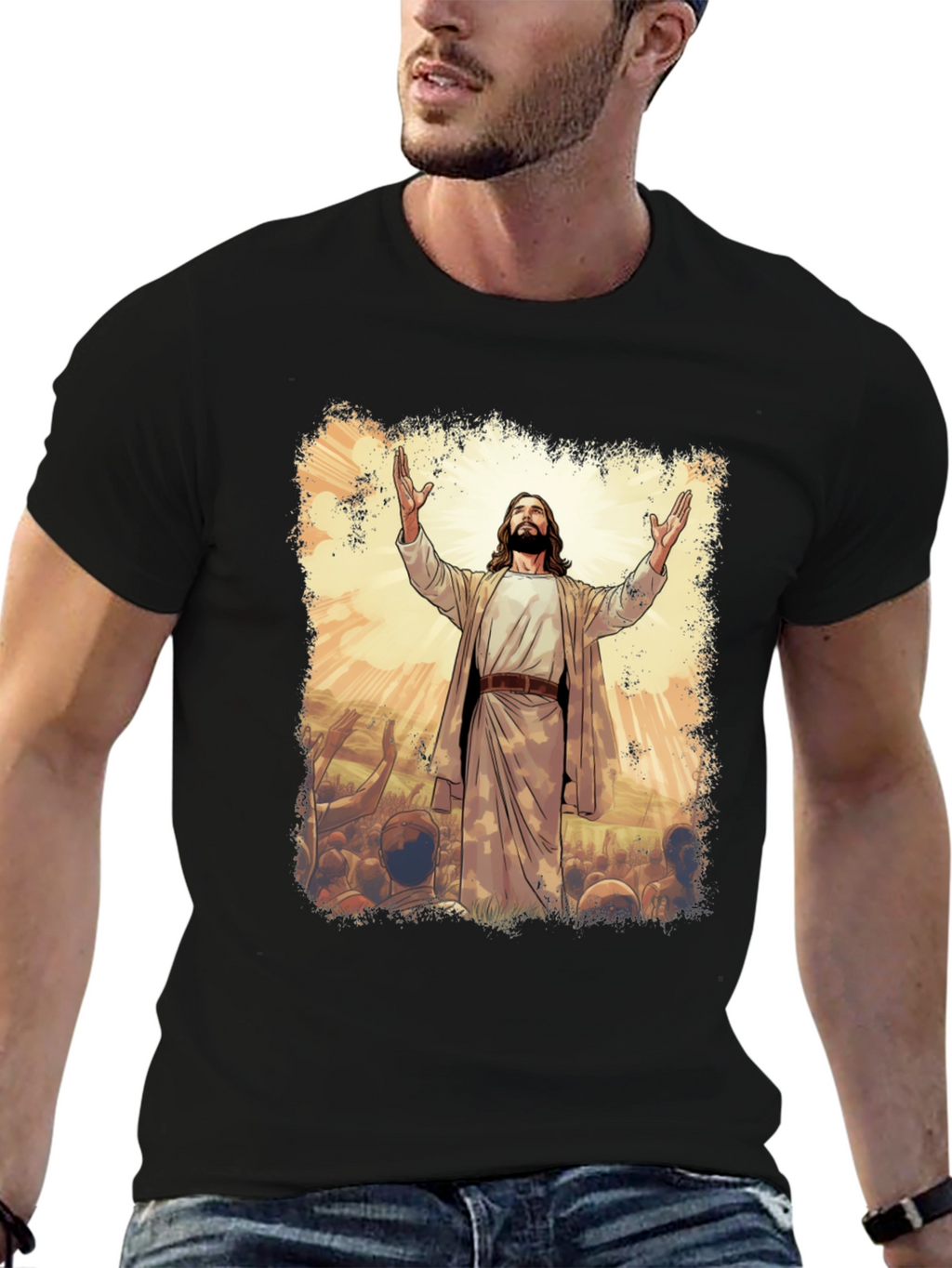 Jesus Graphic Print T-Shirt - Black Cotton Blend