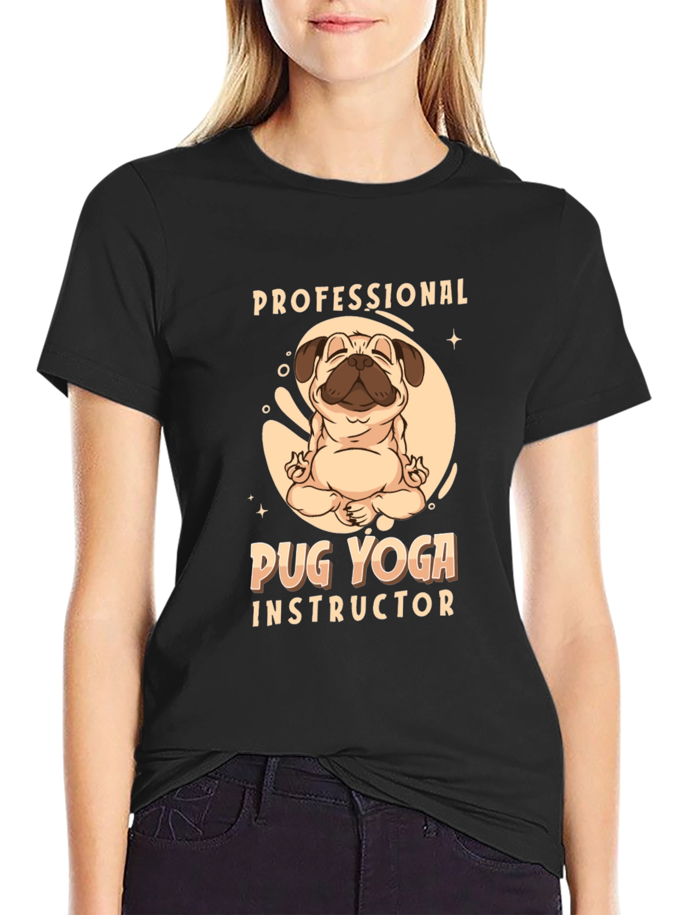 Pug Yoga Instructor Graphic Tee - Black Cotton Blend