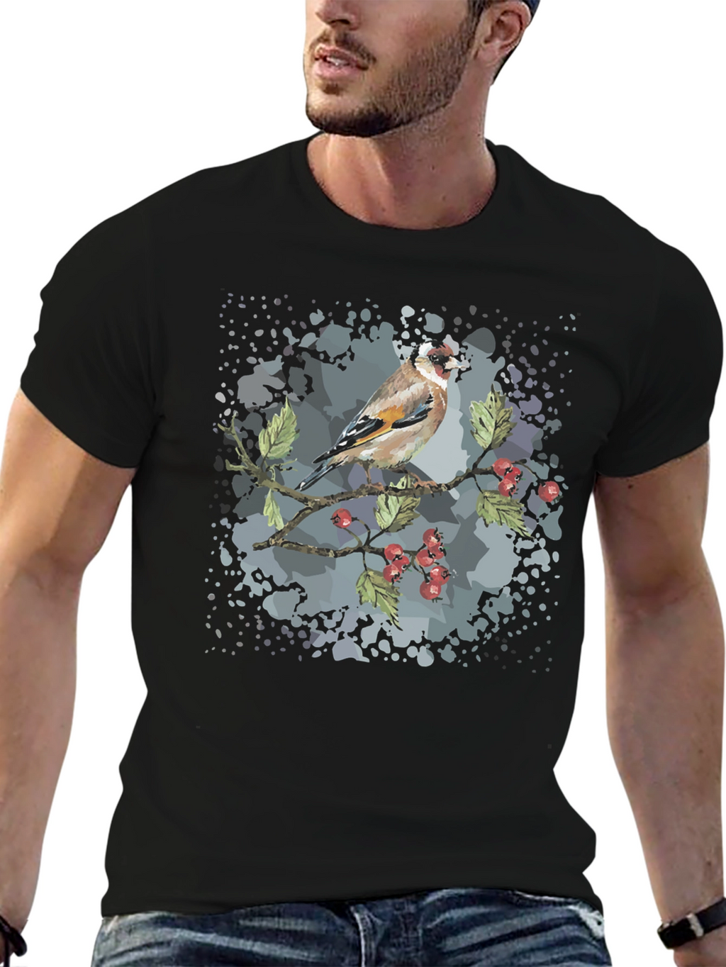 Goldfinch Bird Graphic Black T-Shirt