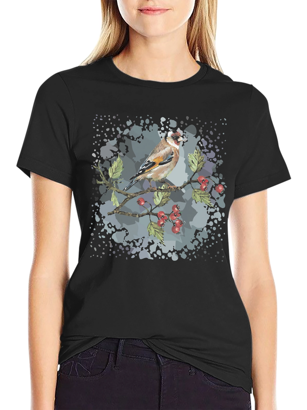Goldfinch Bird Graphic Black T-Shirt