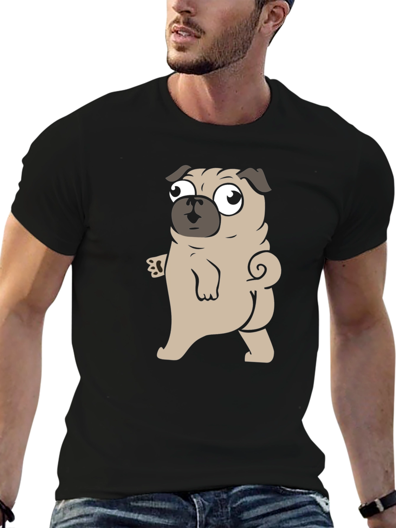 Cartoon Pug Graphic Black T-Shirt