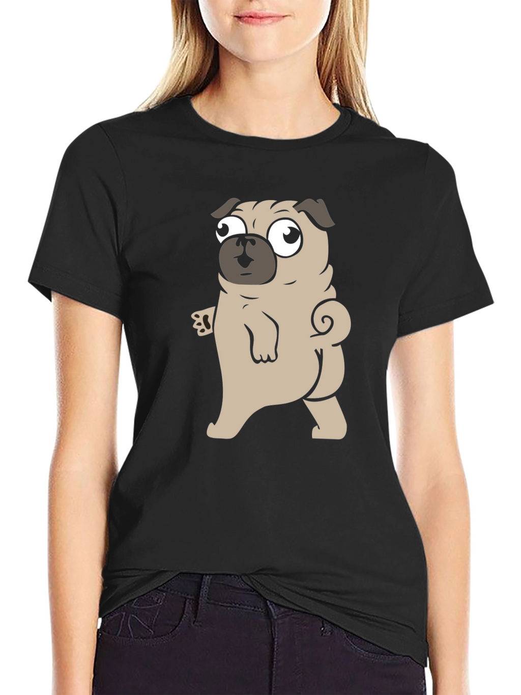 Cartoon Pug Graphic Black T-Shirt