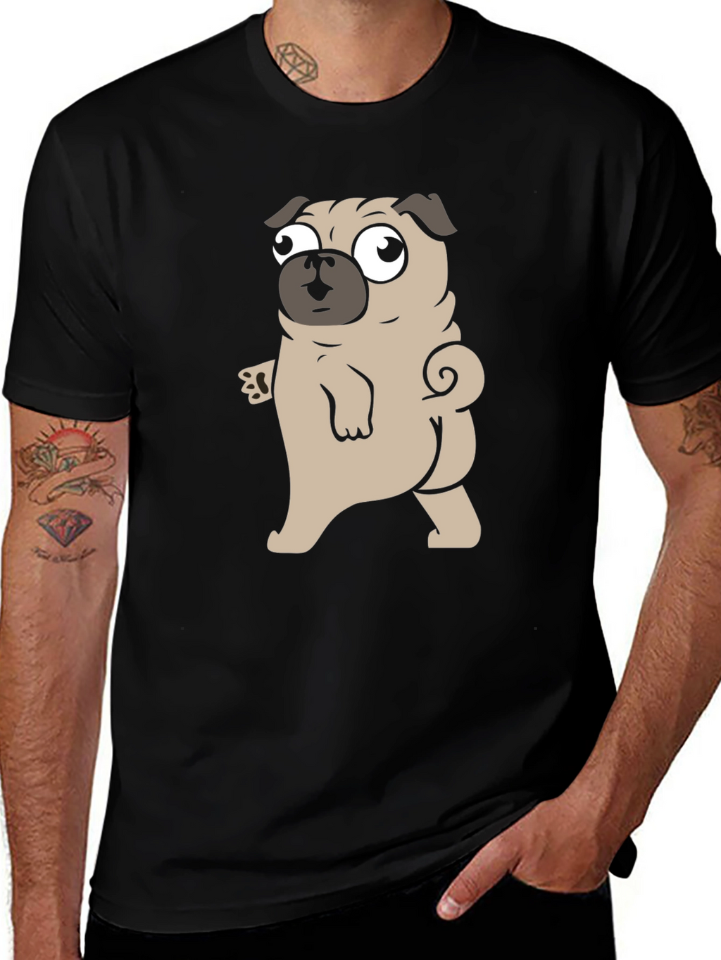 Cartoon Pug Graphic Black T-Shirt