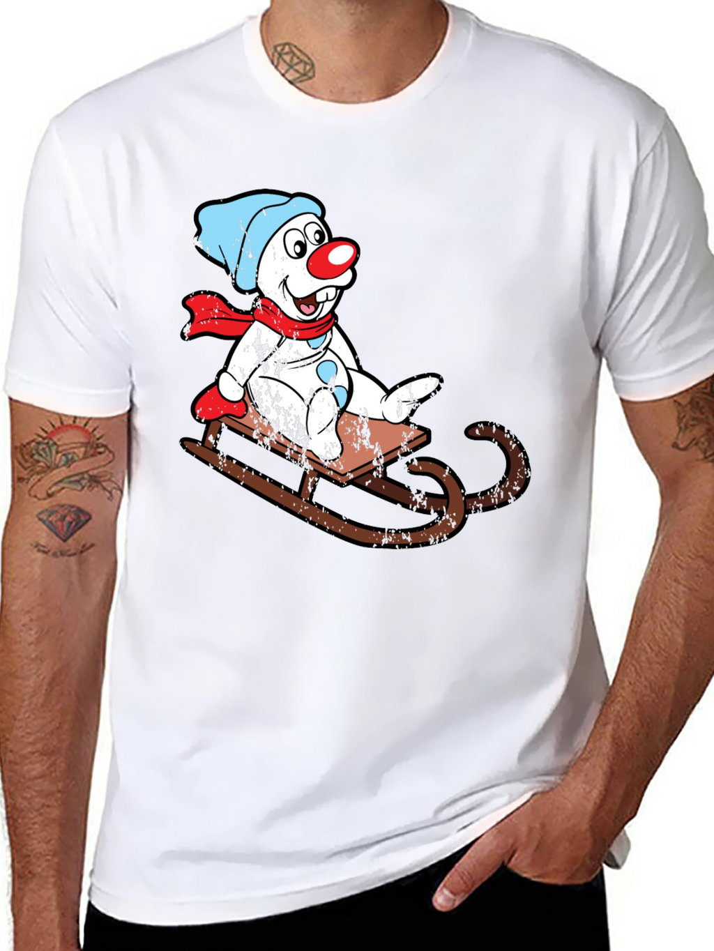 Sledding Snowman Graphic Tee - Black