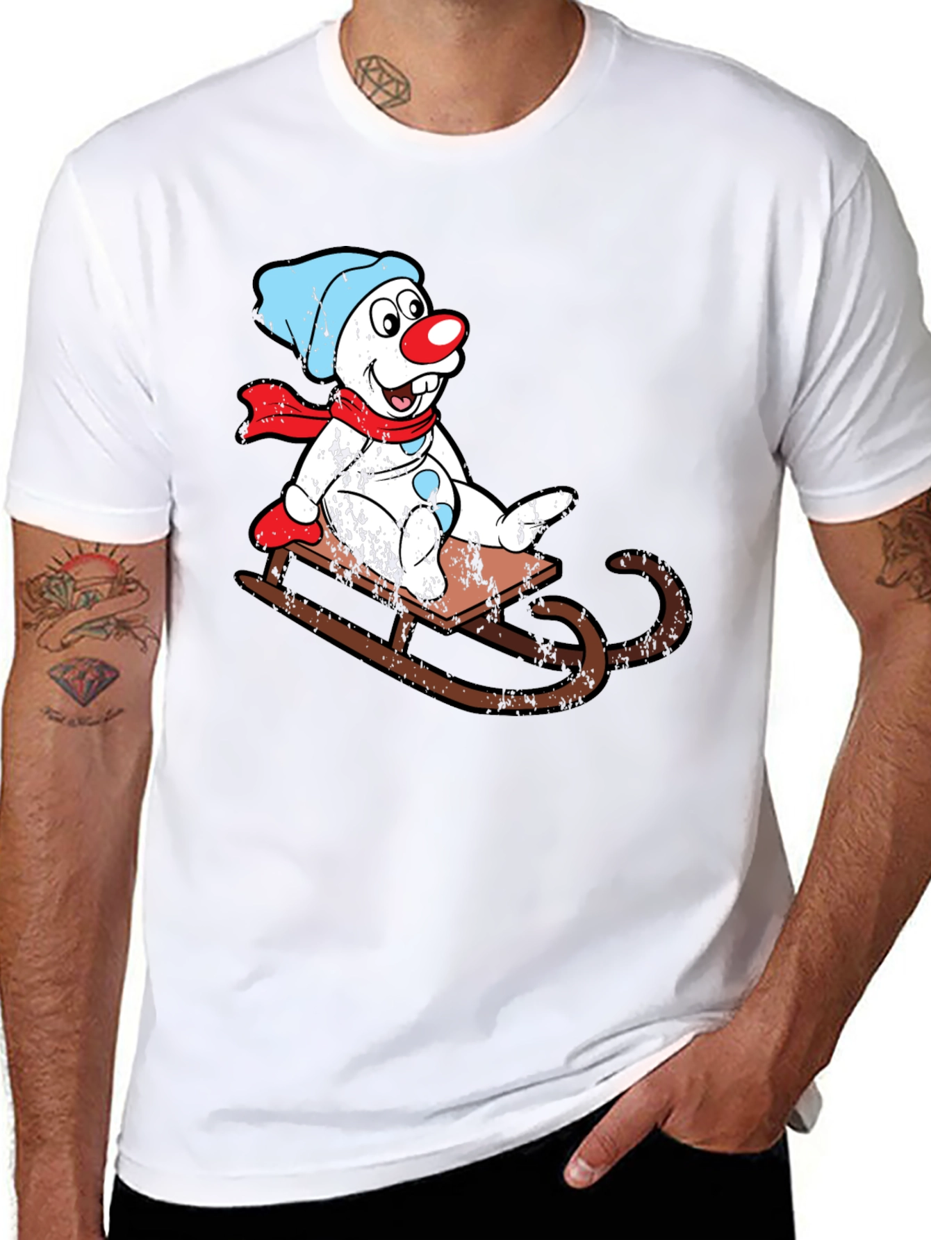 Sledding Snowman Graphic Tee - Black
