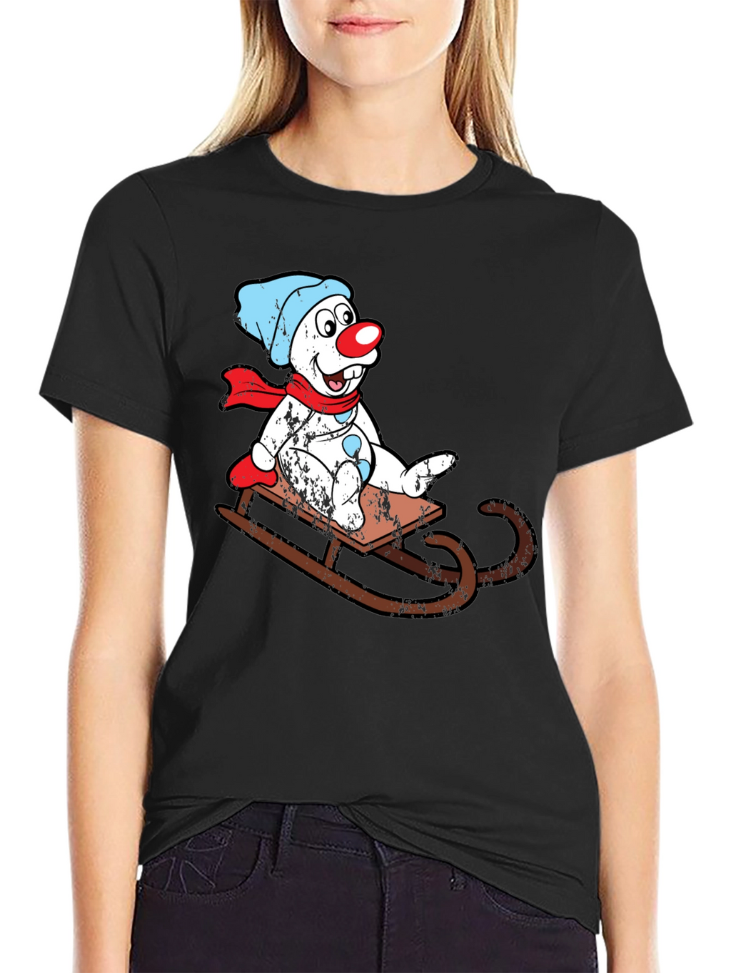 Sledding Snowman Graphic Tee - Black