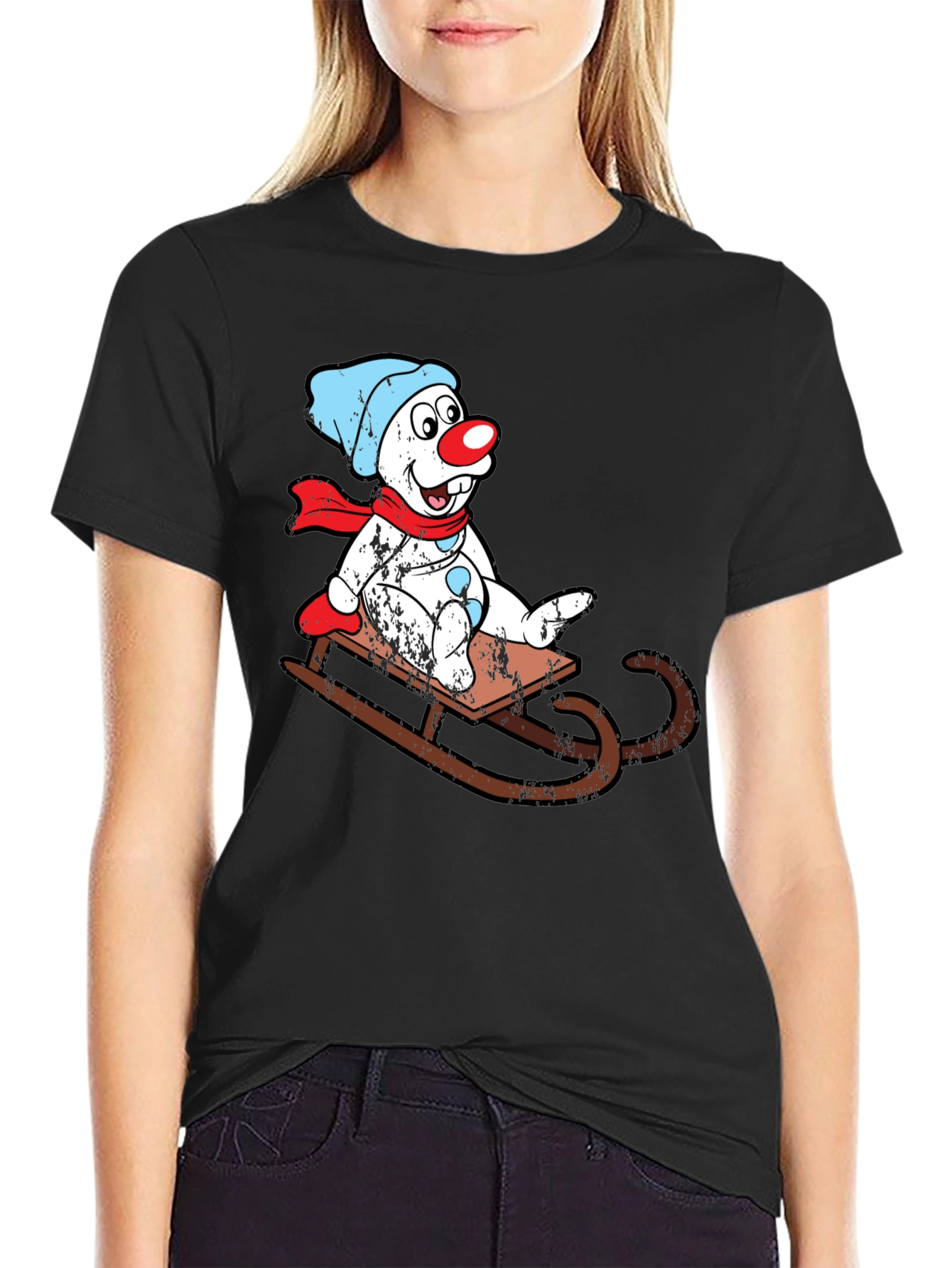 Sledding Snowman Graphic Tee - Black