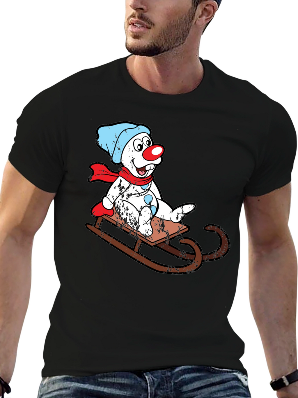 Sledding Snowman Graphic Tee - Black