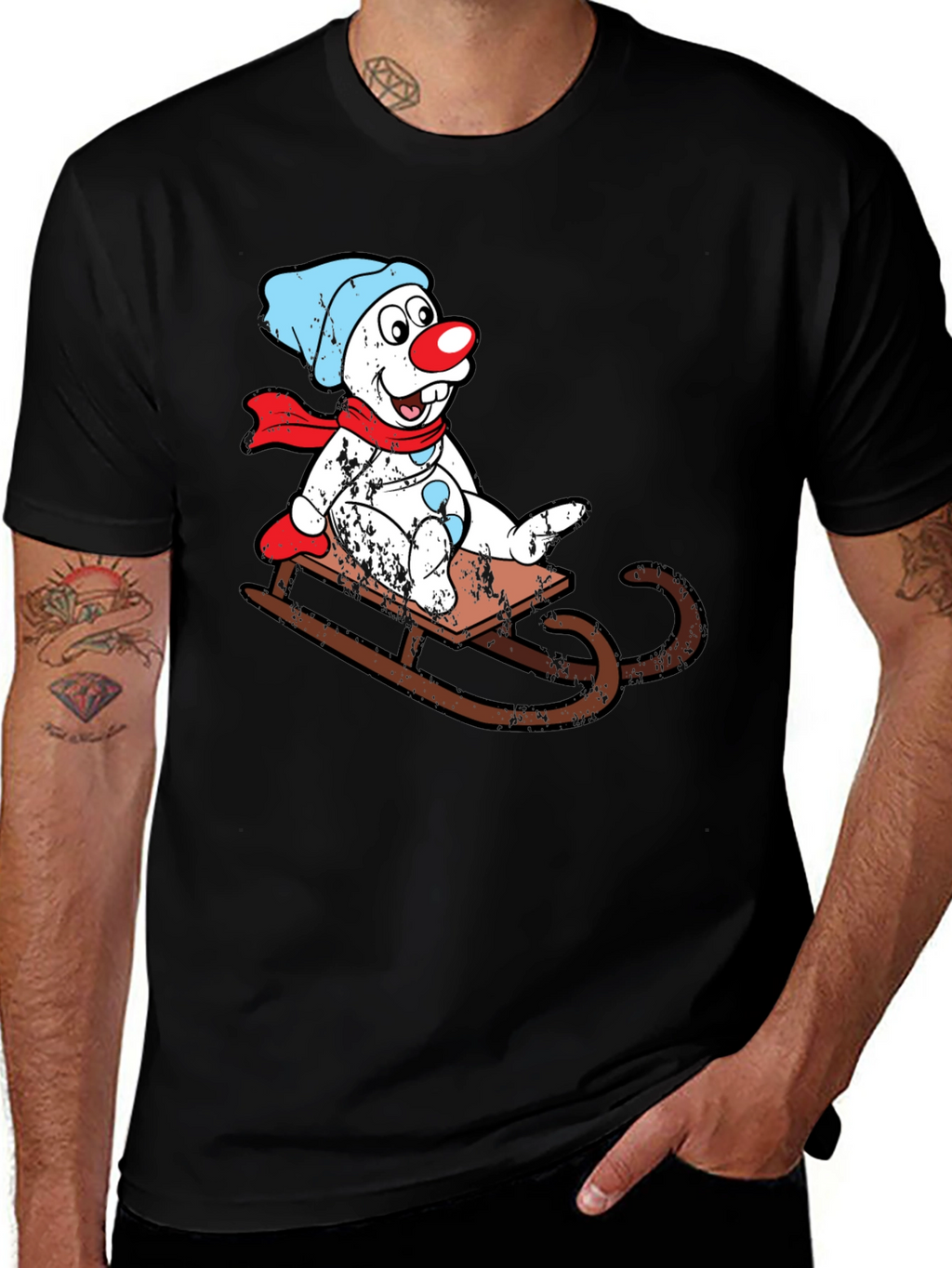 Sledding Snowman Graphic Tee - Black