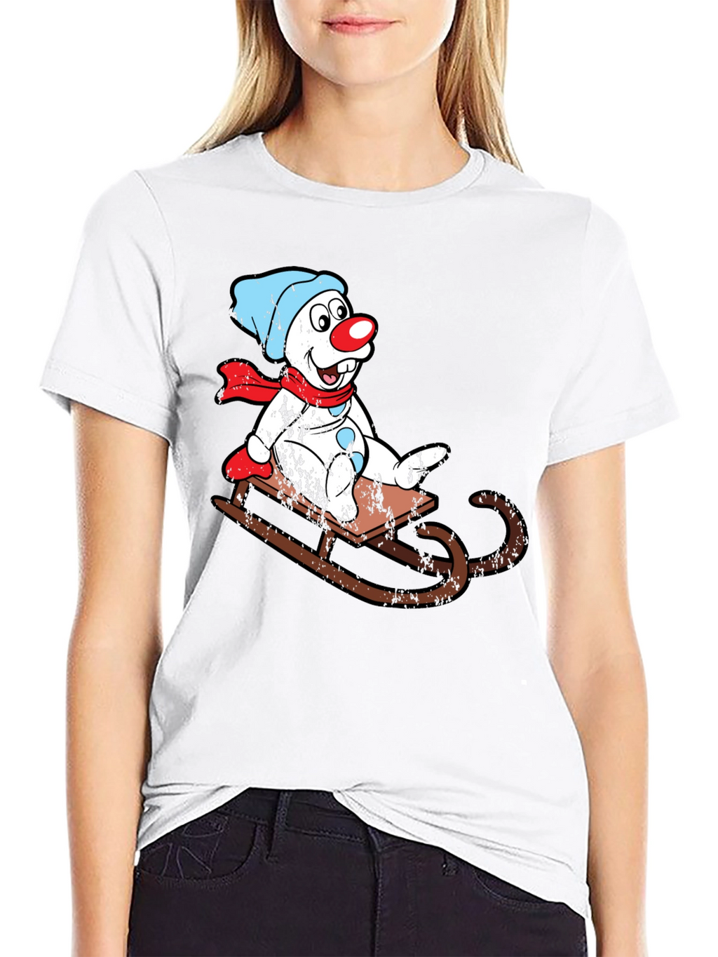 Sledding Snowman Graphic Tee - Black