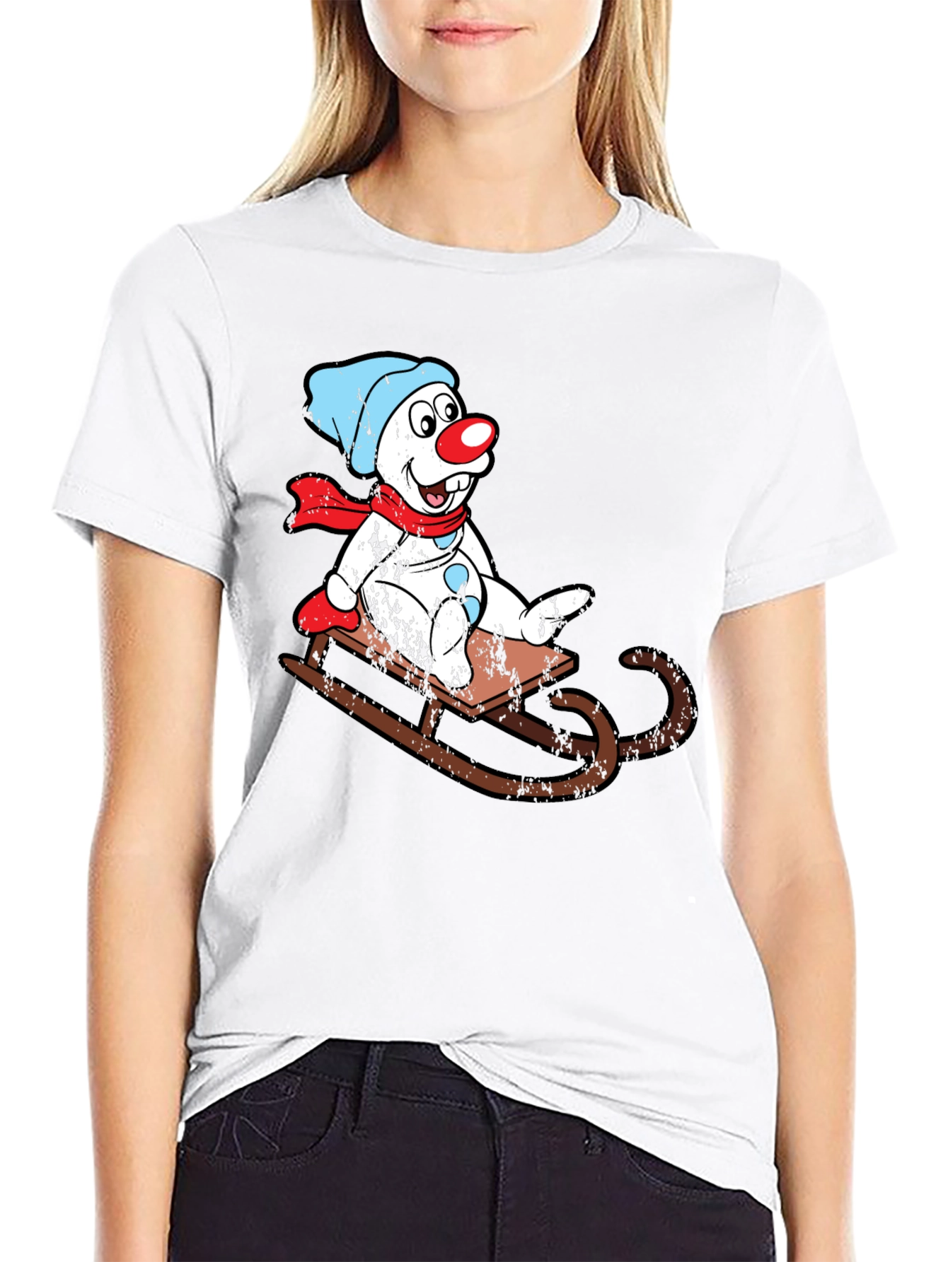 Sledding Snowman Graphic Tee - Black