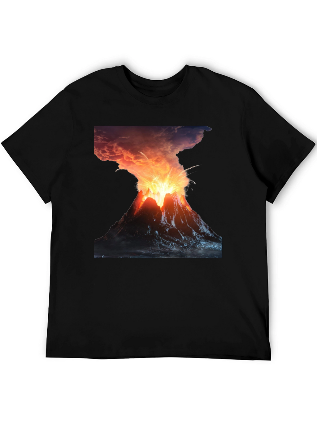 Volcano Eruption Graphic Tee - Black Cotton T-Shirt