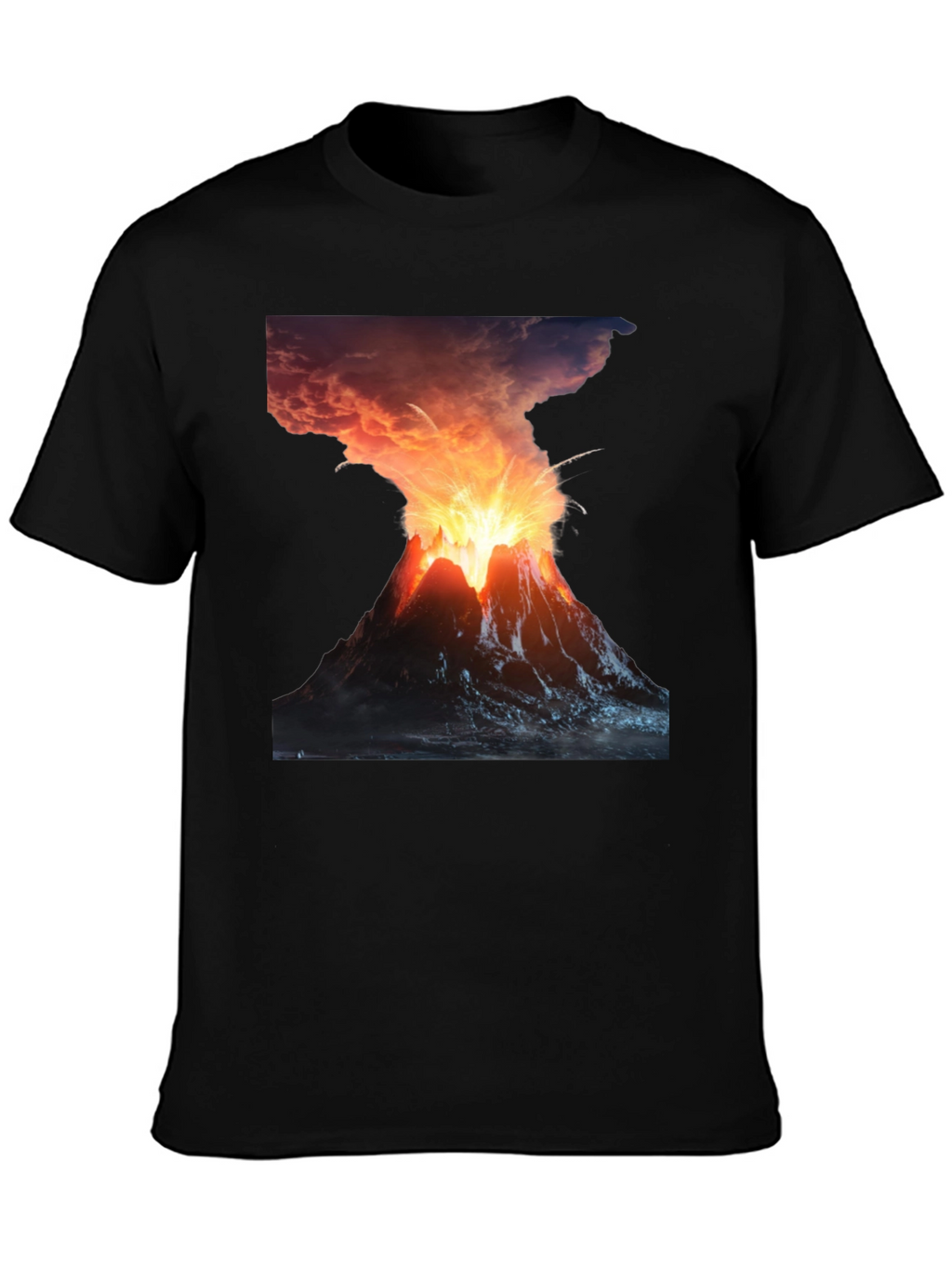 Volcano Eruption Graphic Tee - Black Cotton T-Shirt