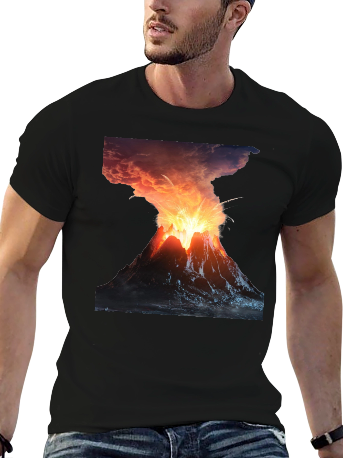 Volcano Eruption Graphic Tee - Black Cotton T-Shirt