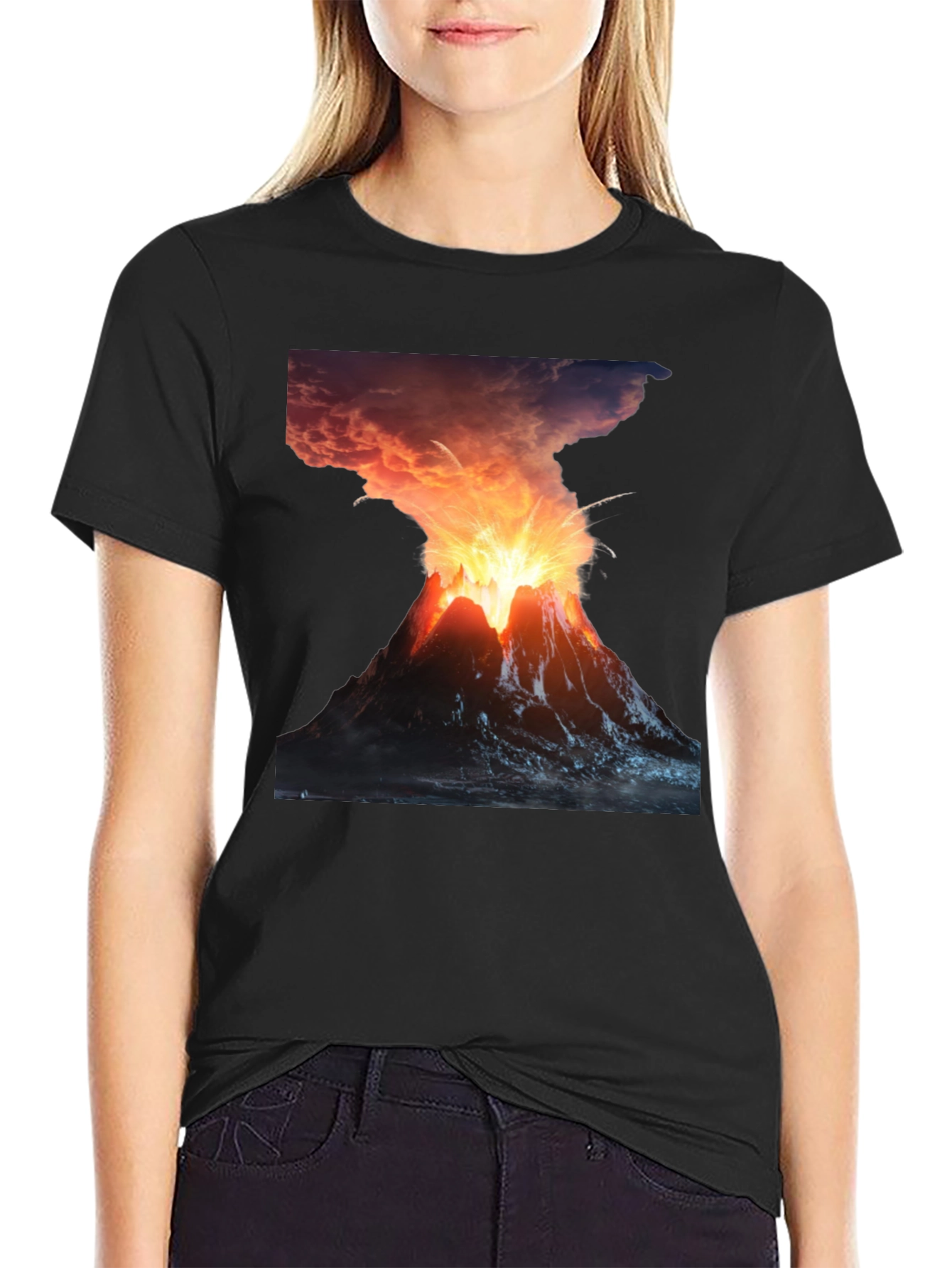 Volcano Eruption Graphic Tee - Black Cotton T-Shirt