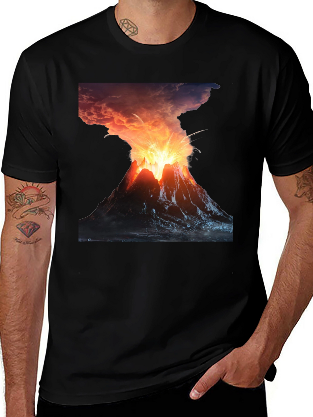 Volcano Eruption Graphic Tee - Black Cotton T-Shirt