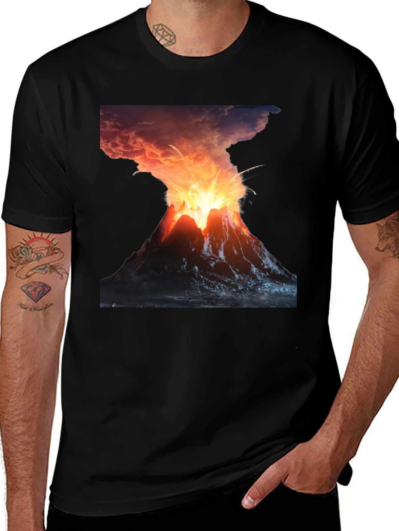 Volcano Eruption Graphic Tee - Black Cotton T-Shirt