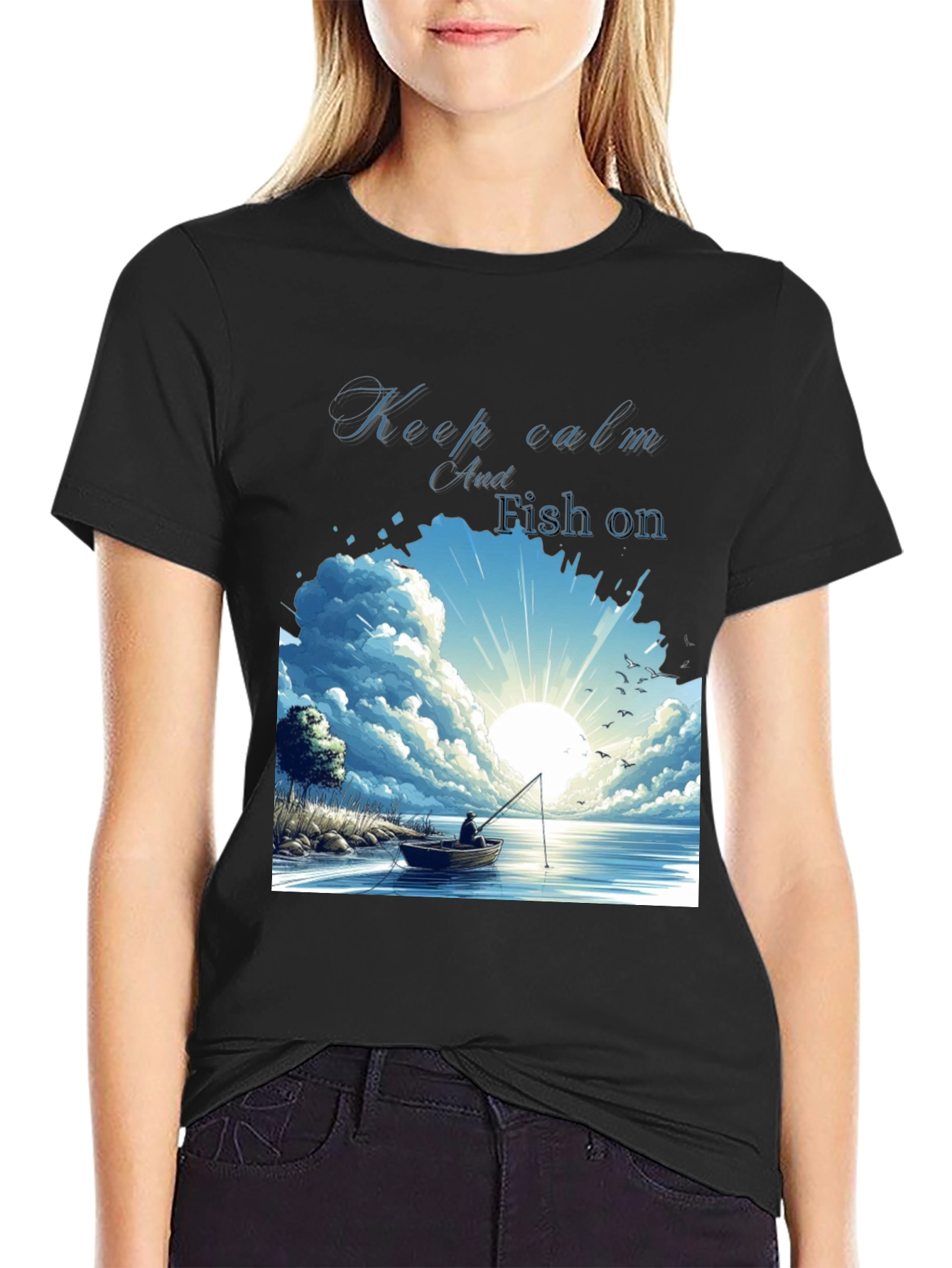 Keep Calm and Fish On Black T-Shirt