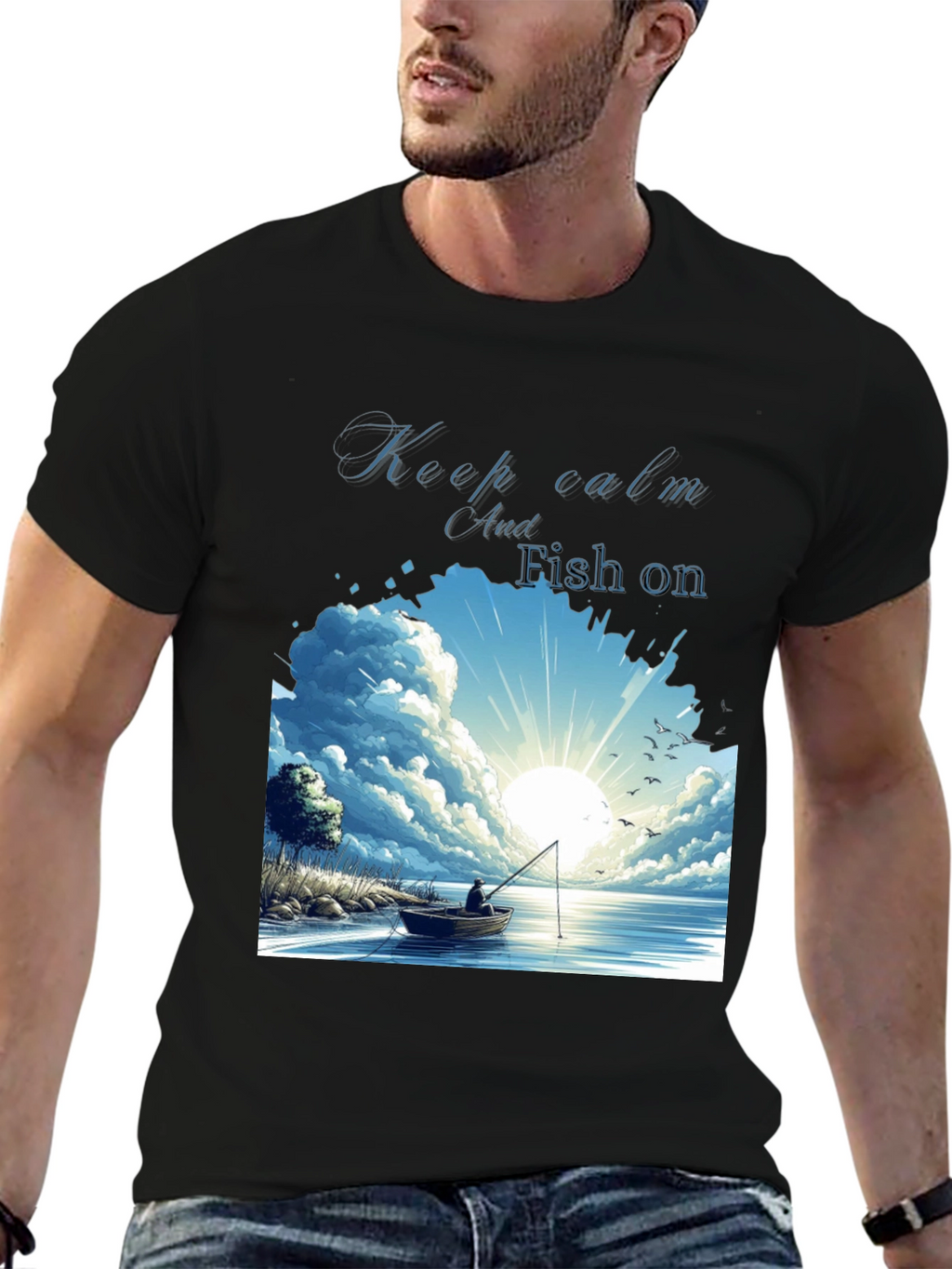 Keep Calm and Fish On Black T-Shirt