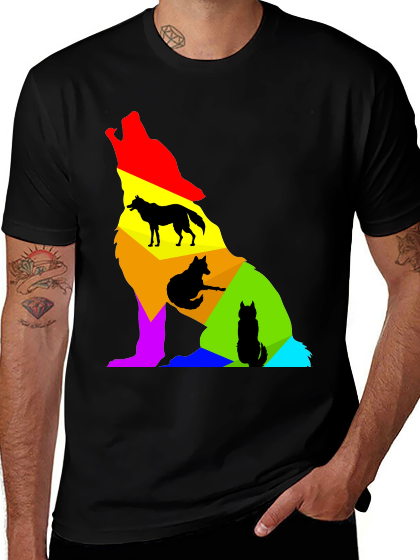 Colorful Wolf Silhouette Graphic Tee - Black