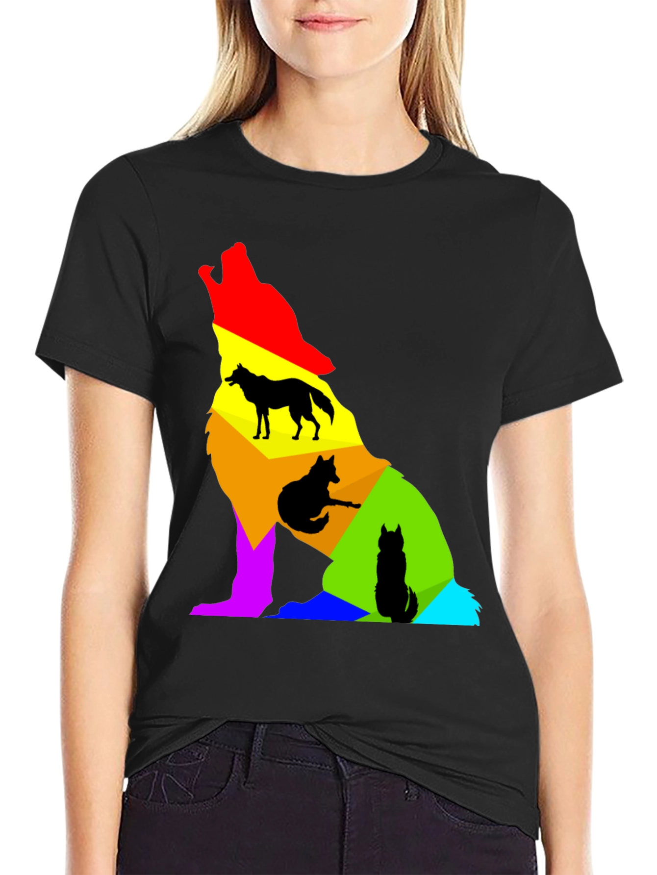 Colorful Wolf Silhouette Graphic Tee - Black