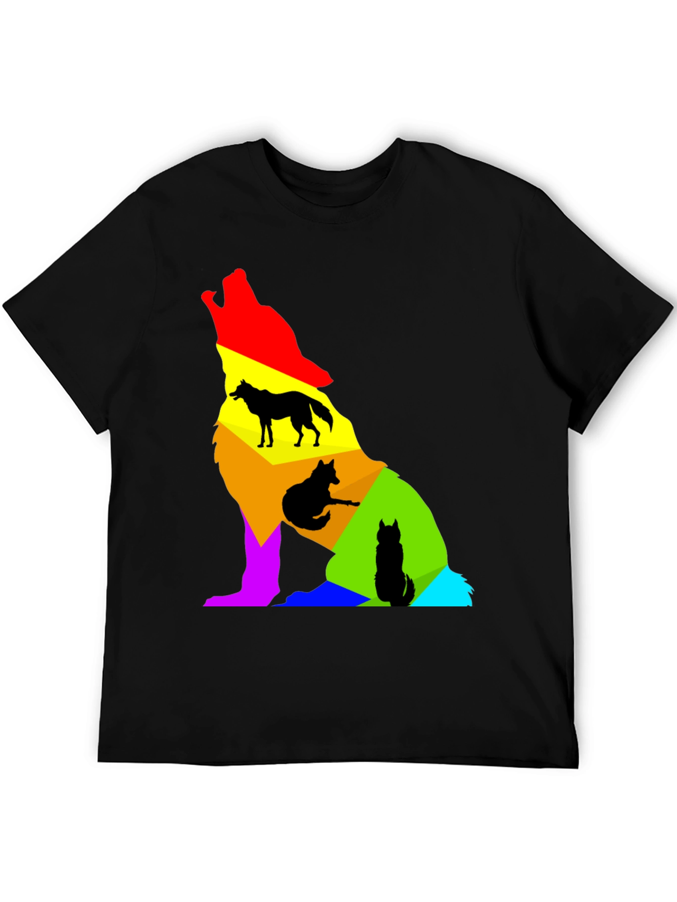 Colorful Wolf Silhouette Graphic Tee - Black