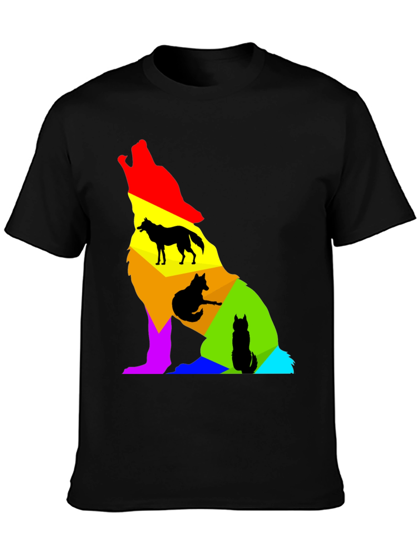 Colorful Wolf Silhouette Graphic Tee - Black