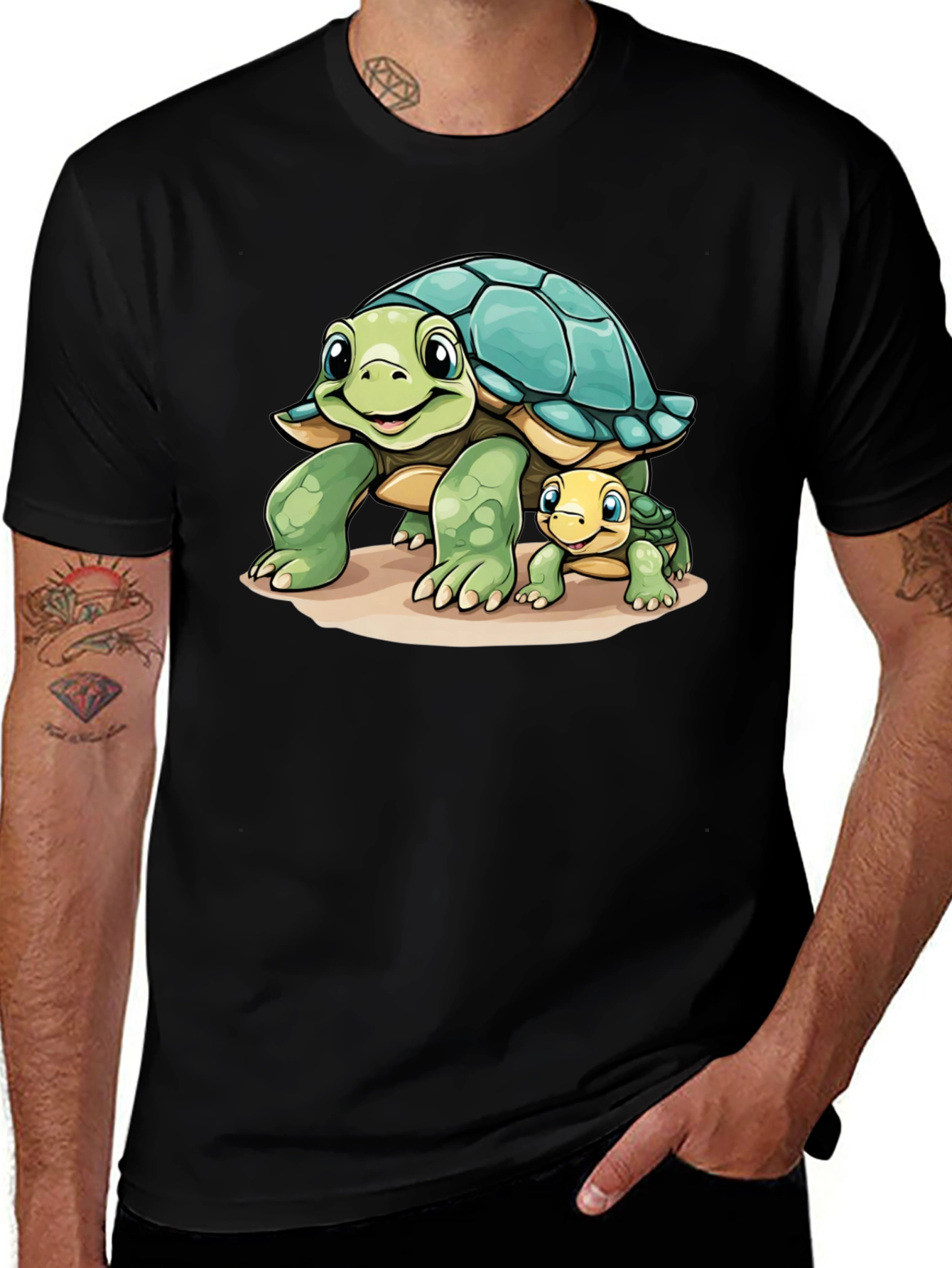 Cute Turtle Family Graphic Tee - Black Cotton Comfort