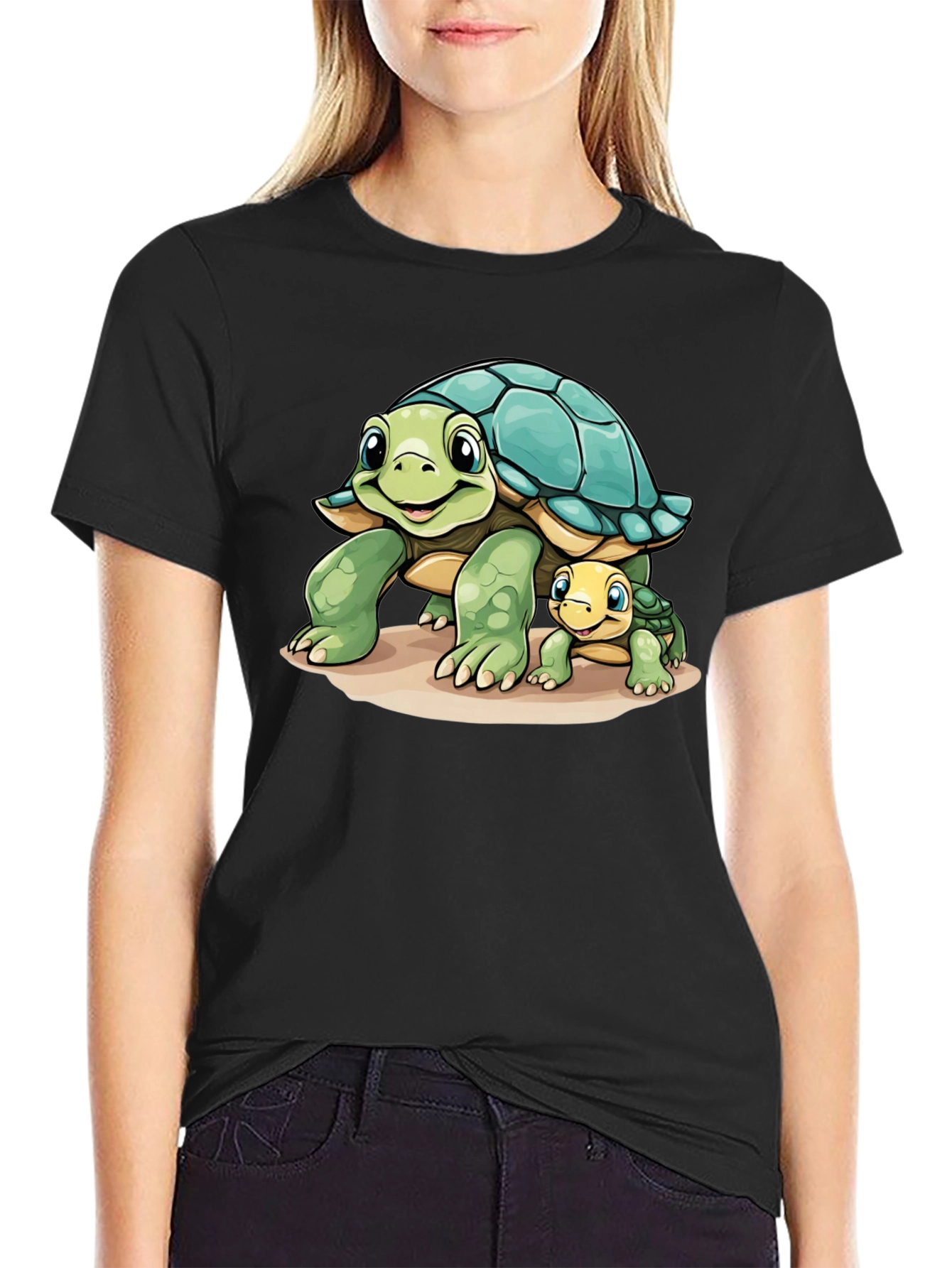 Cute Turtle Family Graphic Tee - Black Cotton Comfort