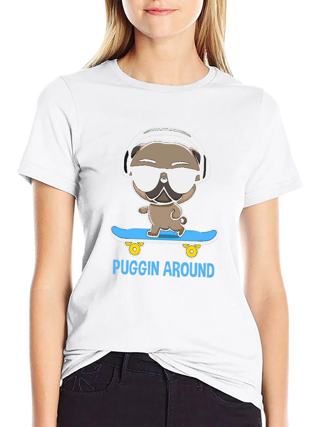 Puggin Around T-Shirt - Skateboarding Pug with Headphones