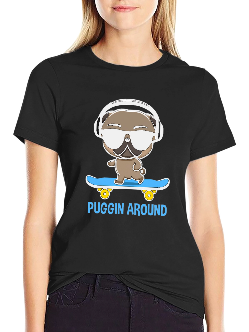 Puggin Around T-Shirt - Skateboarding Pug with Headphones