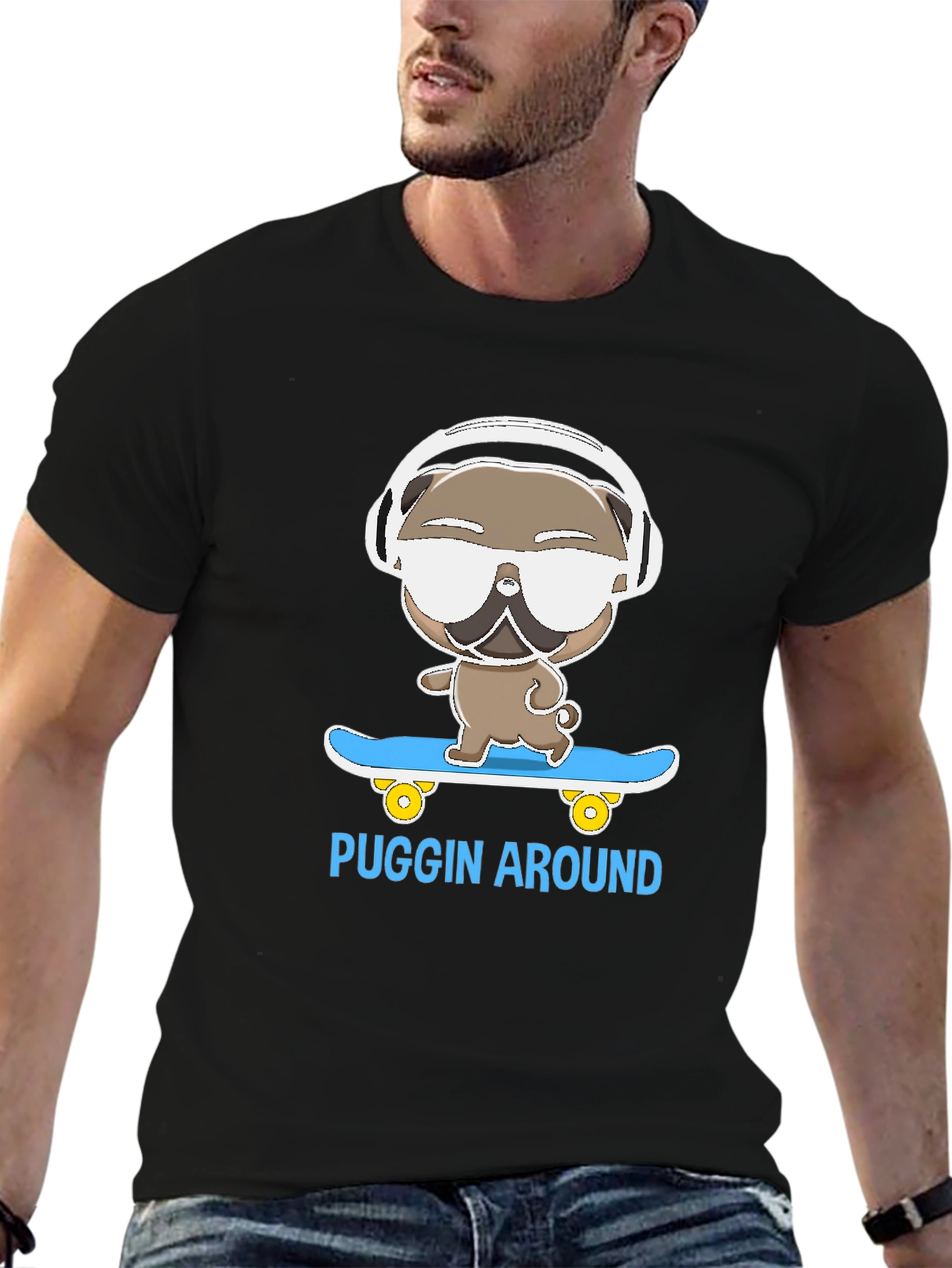 Puggin Around T-Shirt - Skateboarding Pug with Headphones