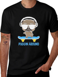 Puggin Around T-Shirt - Skateboarding Pug with Headphones