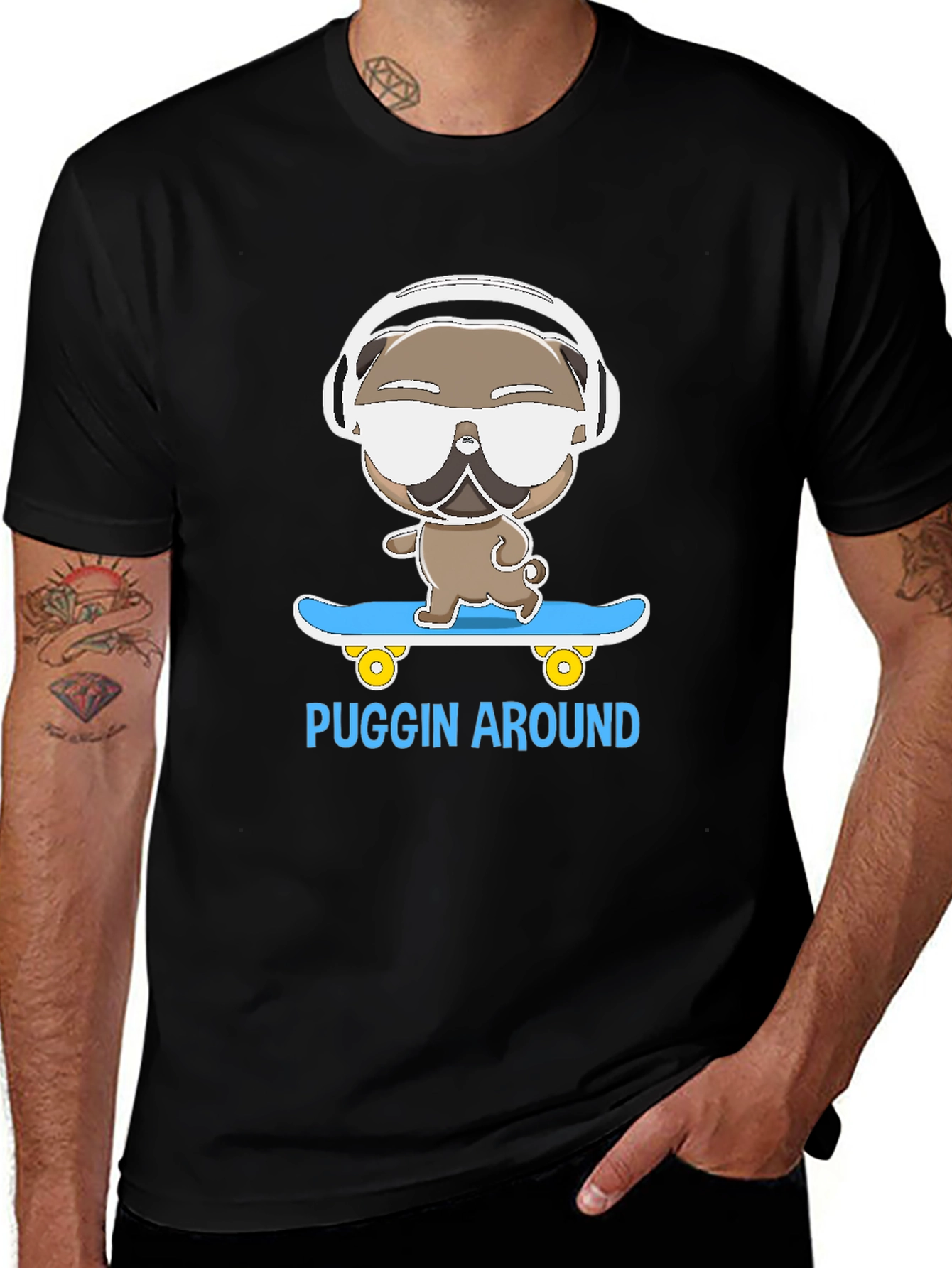 Puggin Around T-Shirt - Skateboarding Pug with Headphones