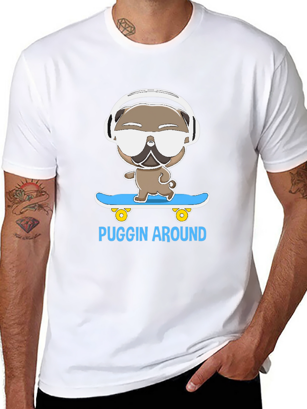 Puggin Around T-Shirt - Skateboarding Pug with Headphones