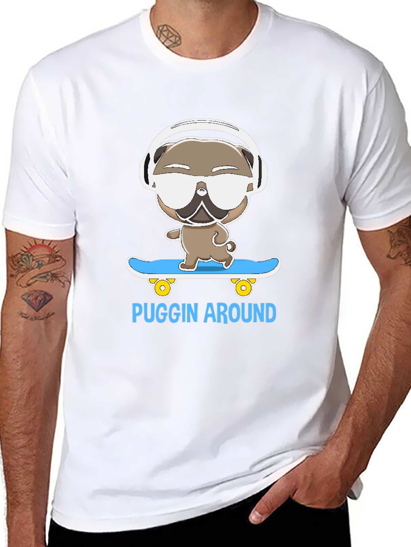 Puggin Around T-Shirt - Skateboarding Pug with Headphones