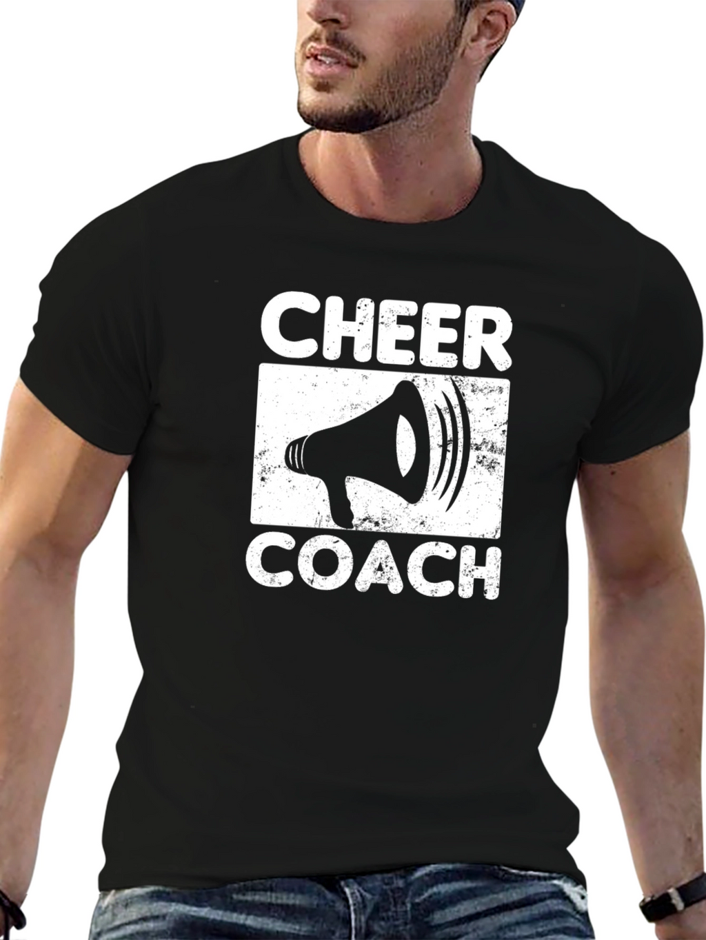 Cheer Coach T-Shirt: Megaphone Graphic Black Tee