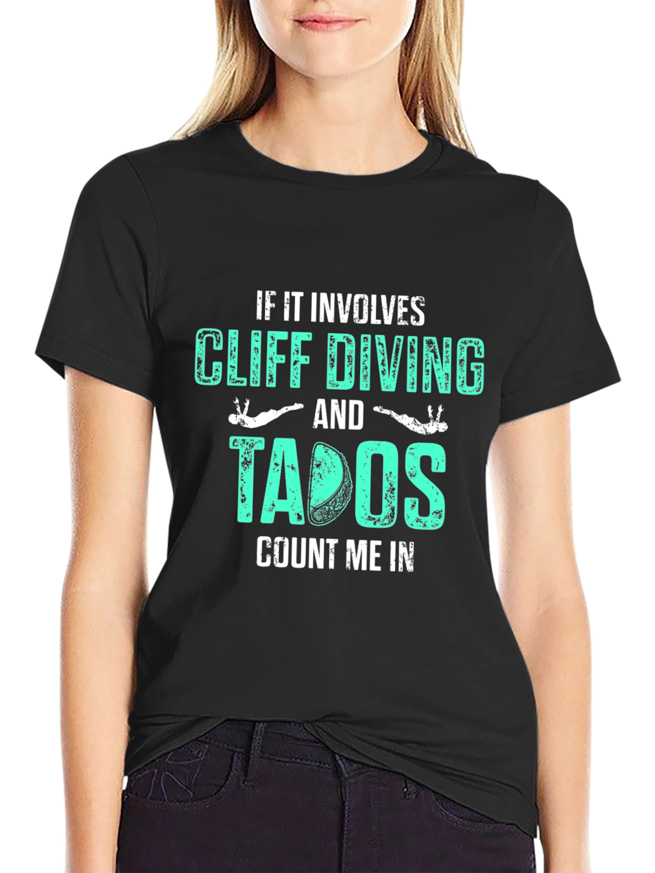 Cliff Diving & Tacos Graphic Tee - Black Cotton T-Shirt