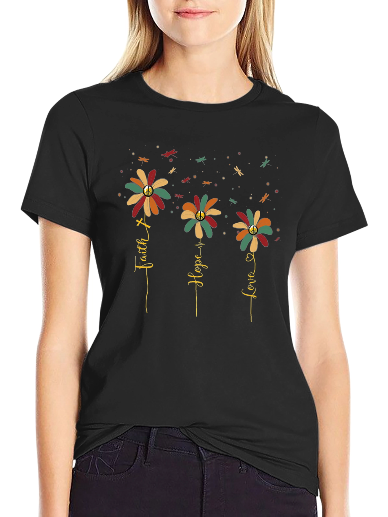 Faith Hope Love Flower Graphic Tee - Black