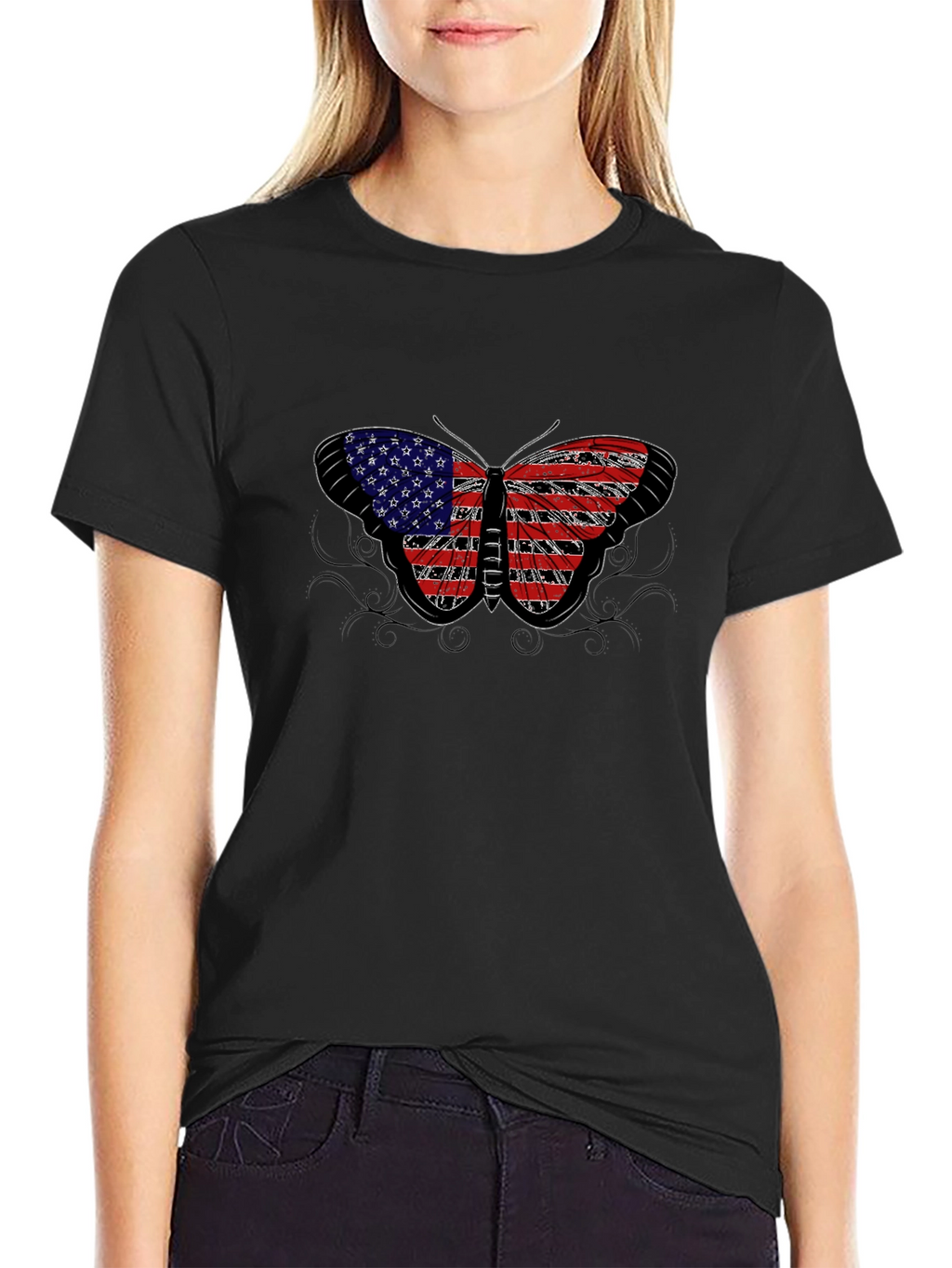 American Flag Butterfly Black T-Shirt